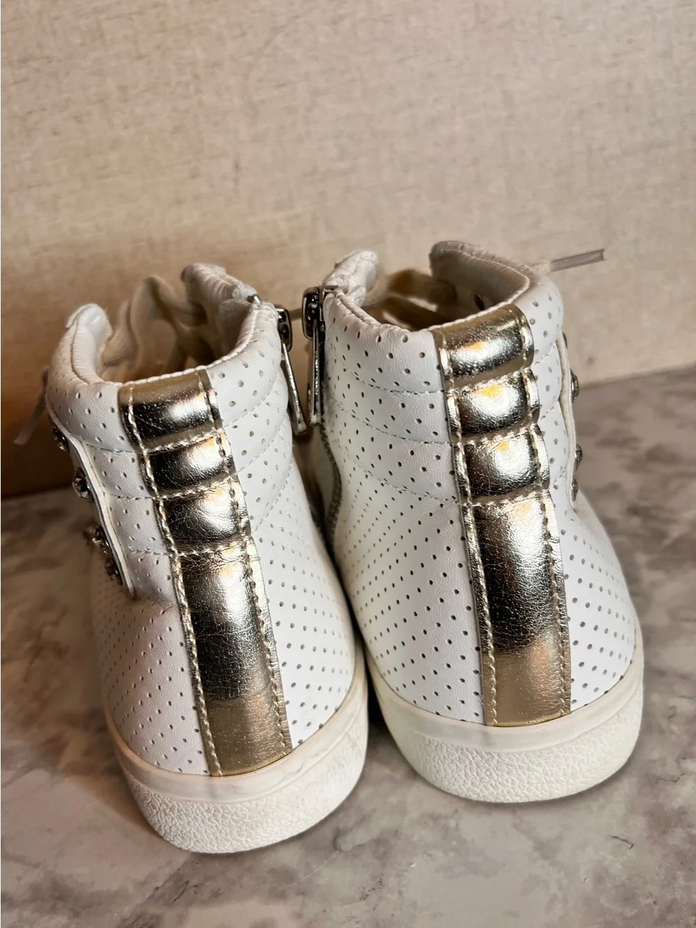 Vintage Cream & White High-Top Sneakers with Stud Accents